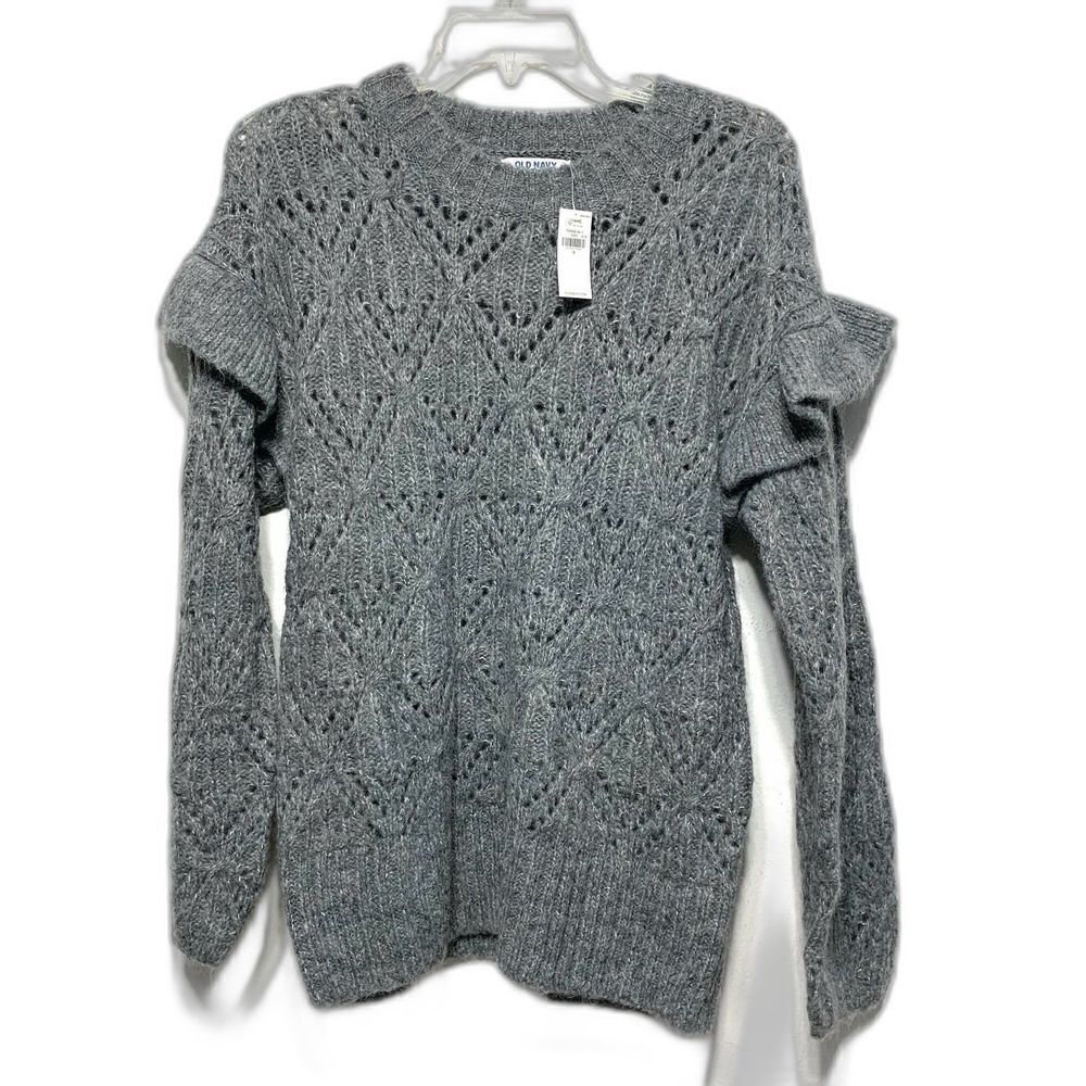 NWT Old Navy Wool Blend Gray Ruffle Round Neck Long Sleeve Sweater sz Small